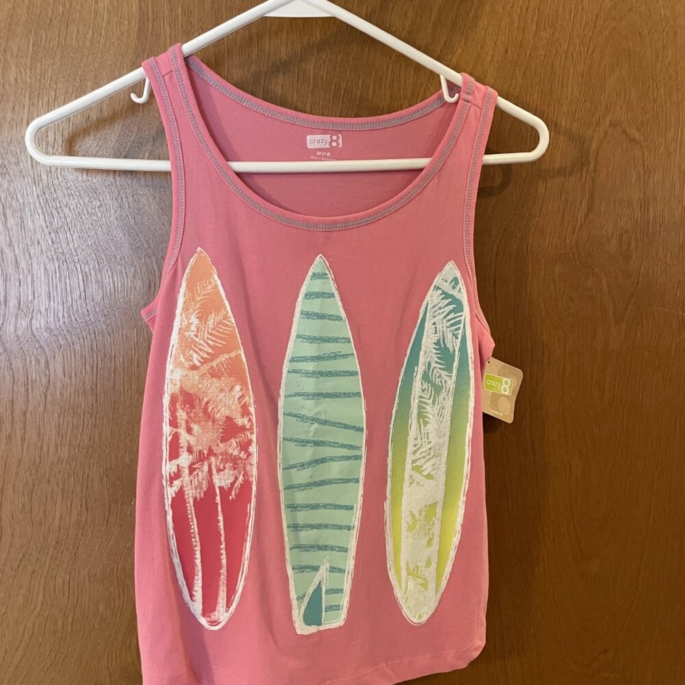 Crazy 8 Girls Size Medium (7-8) Light Pink Surfboard Graphic Tank Top NWT